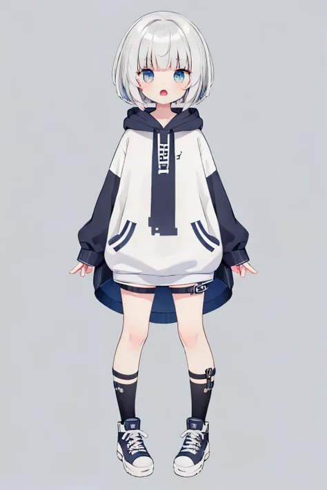 symmetry, 8k, chibi, beautiful detailed eyes, full body, grey background, 1boy, 15 years old, bob cut, open mouth, white hair, b...