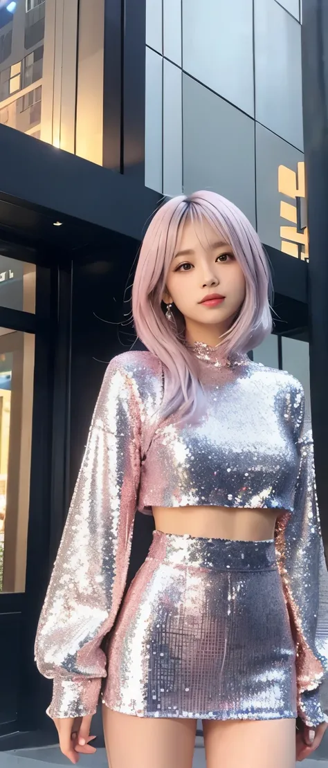 Gorgeous Idol、whole body、good style、、、、、silver and pink sequin costume、silver hair、cyber building