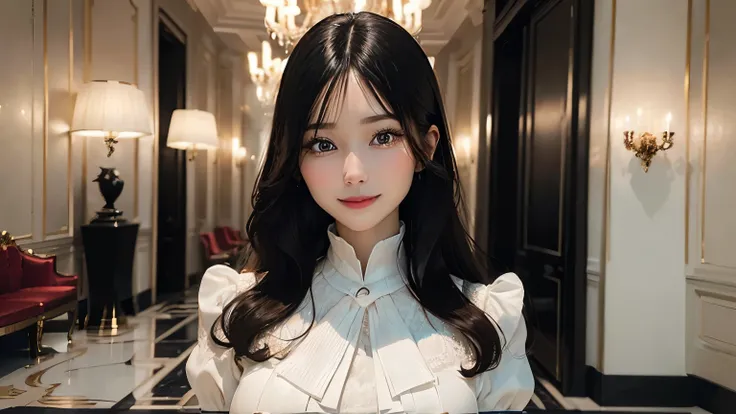 (best quality,ultra-detailed:1.37),photorealistic,wide-angle lens. luxurious lobby of a high-end hotel, spacious atmosphere, a young woman welcoming, cute facial features, beautiful woman, long black hair, formal attire, white outfit, cleanliness, long hai...