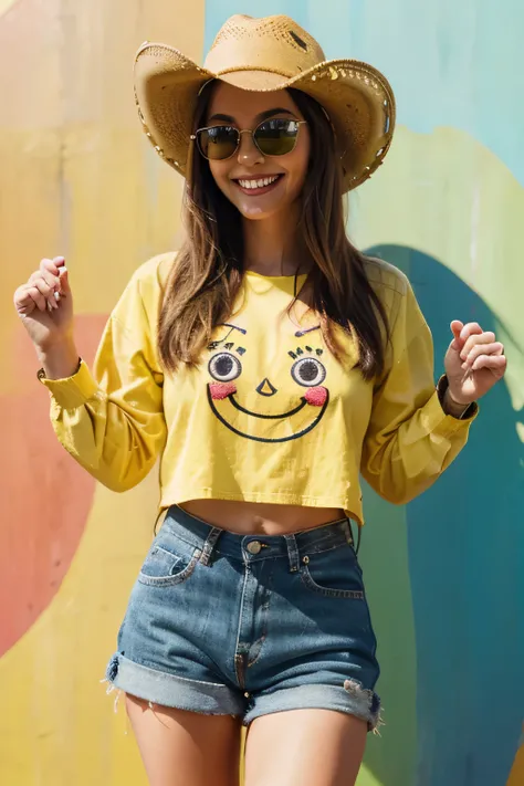 a {🤠 stylish girl with sunglasses Cowboy Hat Face Yee-haw! A yellow smiley wearing a wide-brimmed, brown-leather cowboy hat. Its smile varies across platforms. May convey a sense of exuberance, whimsy, confidence, adventure, or other sentiments. Several ve...