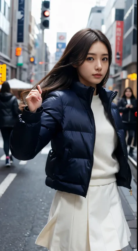 hair blowing in the wind、flip-up skirt、female university student、moncler women down jacket、highest quality、ginza town、bokeh