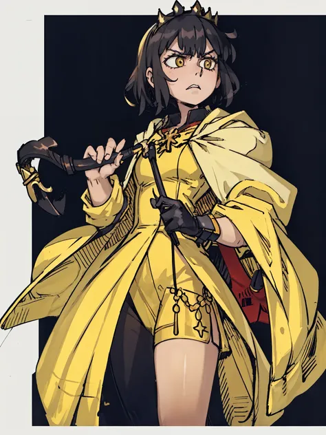 ((a woman，怒愤Princess，white military uniform，yellow cloak，holding a whip)),front,Half body,black hair，Princess，temperament，beauty，Mature，displeasure angry，Different world，middle Ages，White background