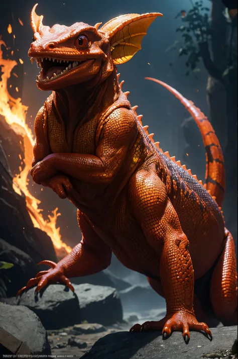 8K,fire fairy quadrupedal reptile salamander,red spirit reptile,A small-bodied reptilian spirit,wrap yourself in fire,wasteland,masterpiece,Photorealistic RAW photos of the highest quality。bright colors,rich colors, Backlight, cinematic lighting, film grai...