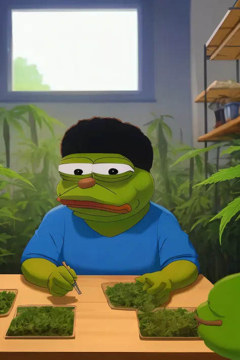 Raw photo, Pepe_Business frog smoking blunt looking like pablo escobar columbian, Cash and bitcoin in the background, Soft lighting, filmg, simpson theme, looking like pablo escobar with marijuana plants around