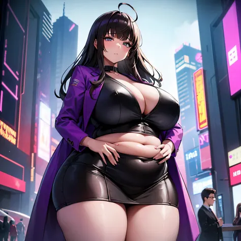 a cute and beautiful brunette cyberpunk girl, she has very wide hips and disproportionately thick thighs, she has small and brea...