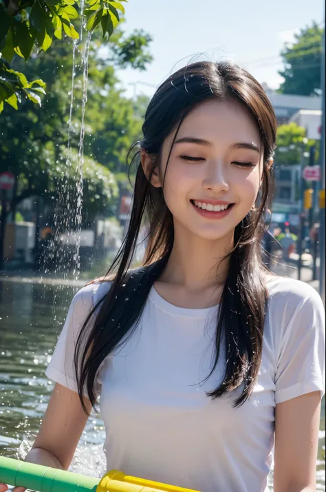 masterpiece, best quality, extremely detailed, hyperrealistic, photorealistic:1.1, a beautiful girl being splashed with water:1.3, street, songkran, water splash:1.3, wet clothes:1.3, wet hair:1.3, wet body, ultra detailed face, white tops, closed eyes, ha...