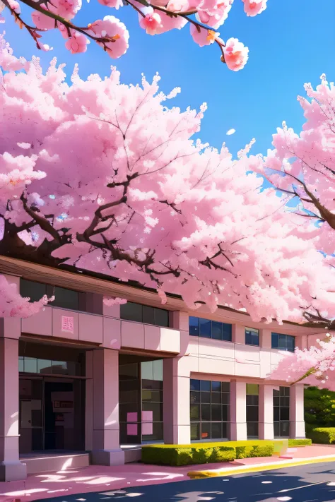 in school，Cherry blossoms行道树在两边，Leading to the teaching building，daytime，sunny，pink tint，Cherry blossoms飞舞，photo style，Realistic style，campus，Cherry blossoms树，Cherry blossoms