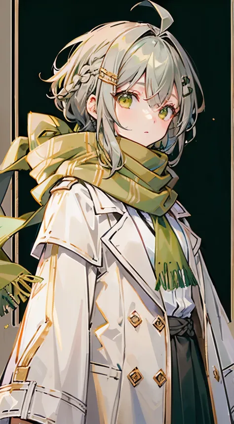 ,(((green scarf))),((gray hair)),short hair,Ahoge,(french braid),Green Hair Clip,((golden eyes)),white coat,open coat,off shoulder