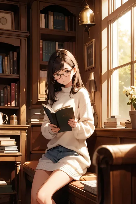 A girl with glasses perched on her nose, clad in a white sweater, sits in the heart of a sunlit room filled with warmth and radiance. Surrounded by sun-drenched corners and inviting nooks, her legs cross comfortably as she engrosses herself in the pages of...