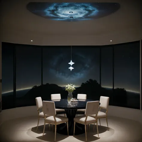 Step into a modern dining room transformed into a celestial haven, illuminated by the enchanting glow of a Galaxy Star Projector LED Night Light. The space is bathed in a soft, ethereal radiance, with stars and galaxies casting their mesmerizing light acro...