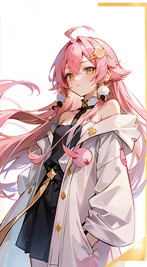 ((pink hair)),long hair,ahoge,(twin dango hair),star hair clip,((golden eyes)),white coat,open coat,off shoulder