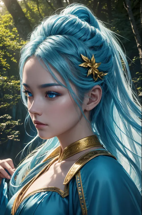 8K,水godの女god,Super beautiful(like the real thing),blue makeup,blue rouge,light blue eyes,clear white skin,luxurious blue water robe,golden decoration,golden hair ornament,masterpiece,Photorealistic RAW photos of the highest quality。bright colors,rich color...