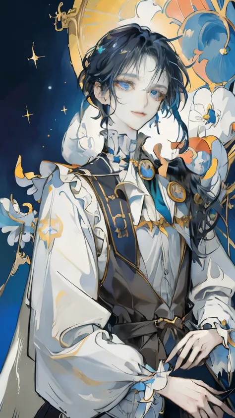  Galileo Galilei:1.1),anime boy,dark haired,dark eyed, full body,curious,wise,intelligent,innovative,adventurous,explorer,deep thinker,philosopher,scientist,wearing traditional anime school uniform,holding a telescope,standing in front of a starry sky,with...