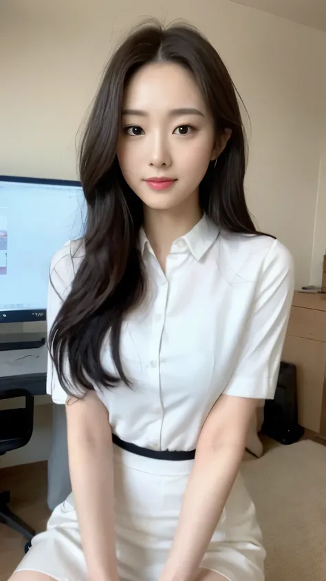 ((top-quality、8k、​masterpiece:1.3))、Beautiful woman with perfect body:1.4、slim abdomen:1.2、Longhair, normal breast, Highly detailed facial and skin texture, A detailed eye, delicate eyes, double eyelid, (smile), (full body shot), ((office)), (sitting chair...