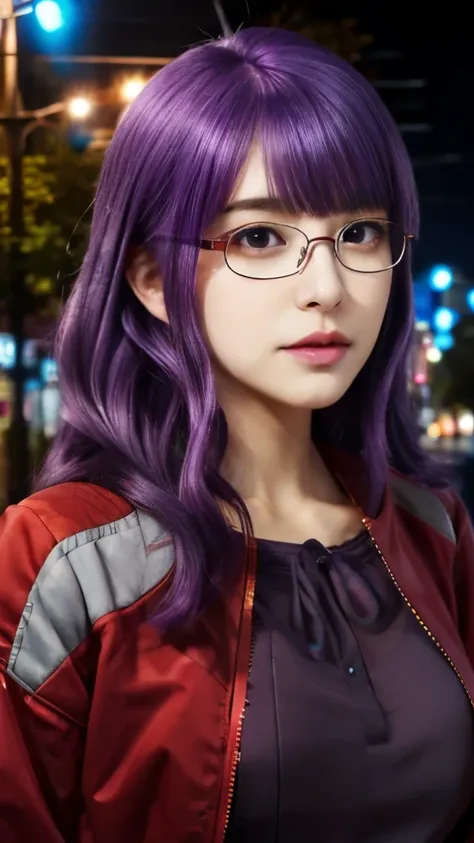 anime girl with glasses and a red jacket standing in front of a street light, illustrious makinami, ann takamaki from persona 5, miura, misato katsuragi, ( ( ( yoshinari yoh ) ) ), yayoi kasuma, juri misaki, miura kentaro style, ayami kojima amano，wearing ...