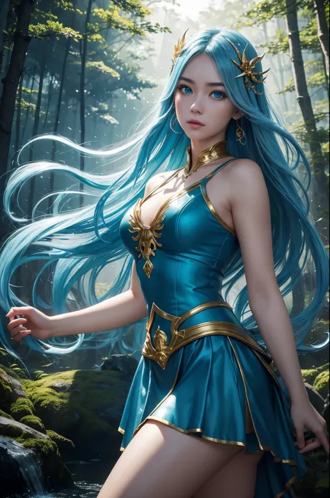 8K,水godの女god,Super beautiful(like the real thing),blue makeup,blue rouge,light blue eyes,clear white skin,gorgeous blue water dress,sexy,golden decoration,golden hair ornament,masterpiece,Photorealistic RAW photos of the highest quality。bright colors,rich ...