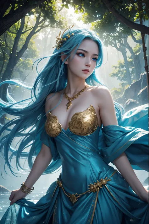 8K,水godの女god,Super beautiful(like the real thing),blue makeup,blue rouge,light blue eyes,clear white skin,gorgeous blue water dress,sexy,golden decoration,golden hair ornament,masterpiece,Photorealistic RAW photos of the highest quality。bright colors,rich ...