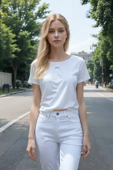 The prompt describes a mannequin with celestial beauty, featuring radiant blond hair and crystalline eyes. She is dressed in an immaculate white t-shirt that accentuates her graceful silhouette, paired with a modern and casual light blue denim jean. The en...