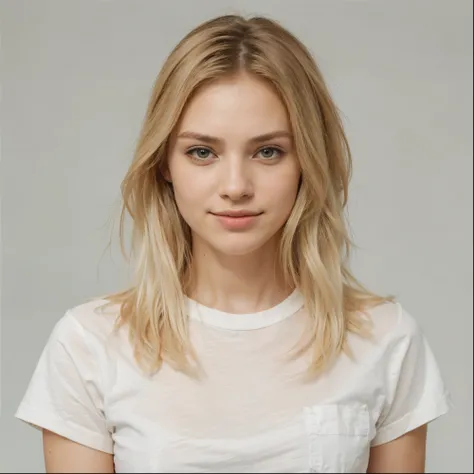 (photo: 1.3) af (photorealism: 1.3), Caucasian women, soft light, clear face, cheerful, warm light, white t-shirt, ((off-white background)), ((off-white background)) . ((grey background)) avatar, (blonde long hair), handsome, young,short hair, (close-up)