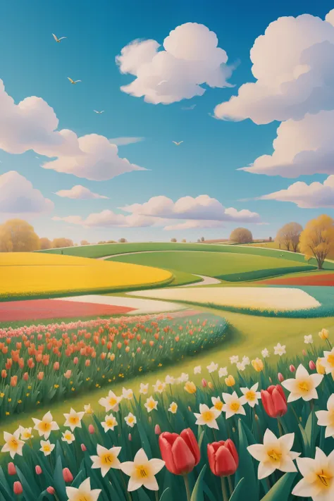 A charming depiction of a lush meadow dotted with colorful tulips and daffodils, with fluffy white clouds drifting across a bright blue sky, evoking the vibrant colors and renewed vitality of springtime in March.