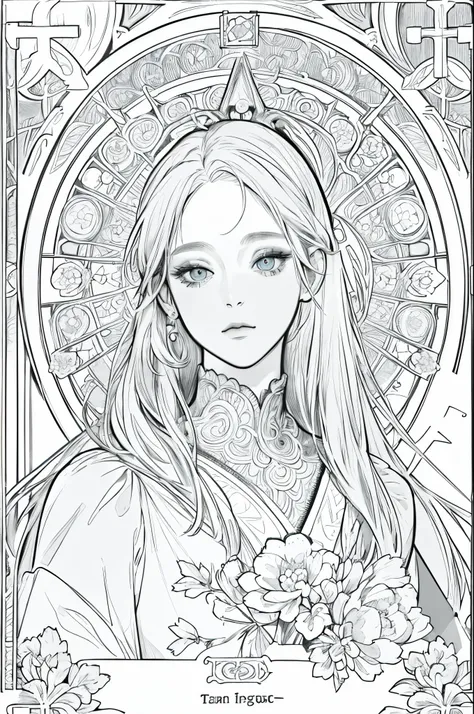 tarot cards, 1 girl，european girl face portrait，shapeless long hair, shiny skin, detailed face, wearing a patterned robe， Sumeru，cloud, moon，((tarot cardsのレイアウト))，highest quality, masterpiece, (realistic:0.6), realistic lighting,flower frame， decorative pa...