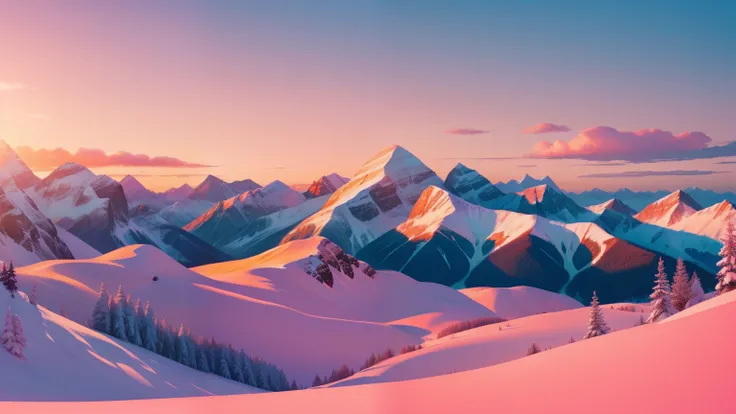 A captivating illustration of a majestic mountain range blanketed in a fresh layer of snow, with a colorful sunrise painting the sky in hues of pink and orange, evoking the crisp beauty of late winter mornings in March.