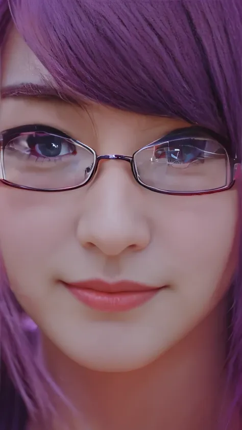 anime girl with purple hair and glasses staring at the camera, misato katsuragi, close up of a young anime girl, gainax anime st...