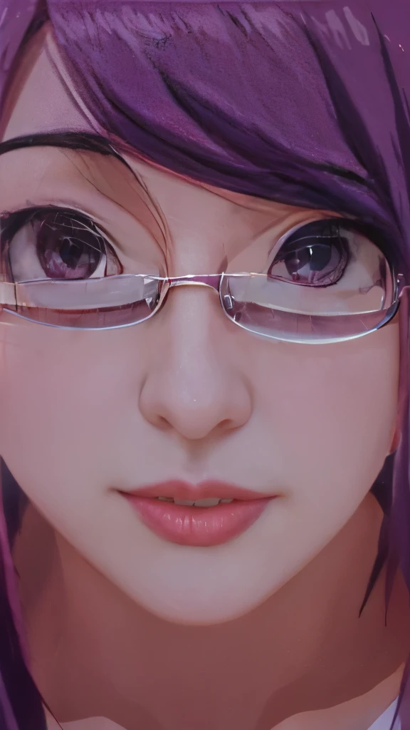 anime girl with purple hair and glasses staring at the camera, misato katsuragi, close up of a young anime girl, gainax anime style, juri misaki, she has purple hair, ilya kuvshinov face, kuvshinov, gainax, kuvshinov ilya, yayoi kasuma, shiro takatani