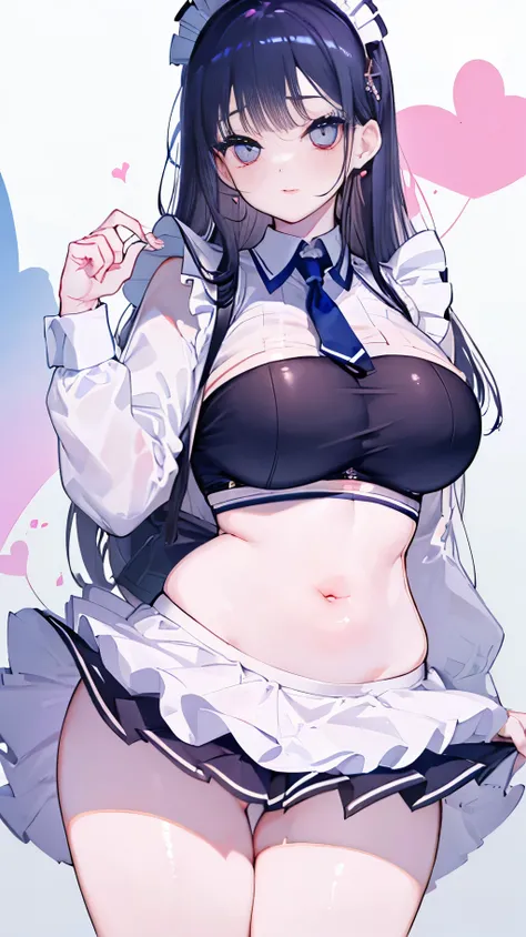 "(perfect masterpiece:1.2), (best quality:1.2), stunning face,  uniform, mature and chubby, big pupil, bright eyes, compensate, long and luxurious eyelashes, lip whole, irresistible charisma.",Maid clothes,belly button,heart shaped eyes