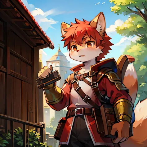 kemono, squirrel-chip munk hybrid, 16 years old, squire, adventurer, sword and shield, red and white outfit