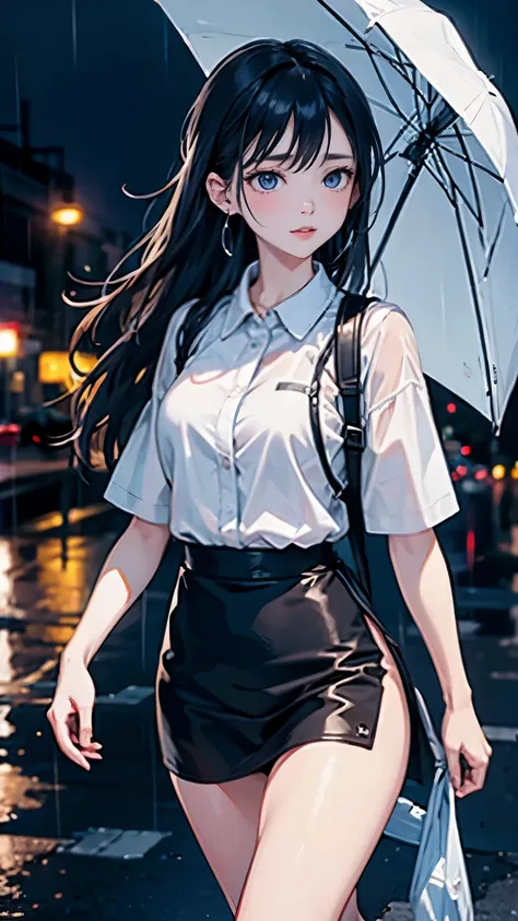 1girl, night, rain, detailed, face, walking