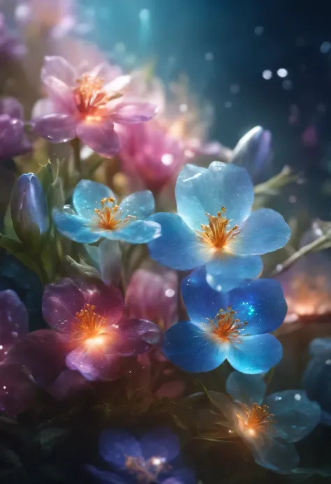 Crystal Spring Flowers, fantasy, galaxy, transparent, shiny, shiny的, outstanding, colorful, amazing photography, dramatic lighting, photorealism, super detailed, 4k, depth of field, high resolution