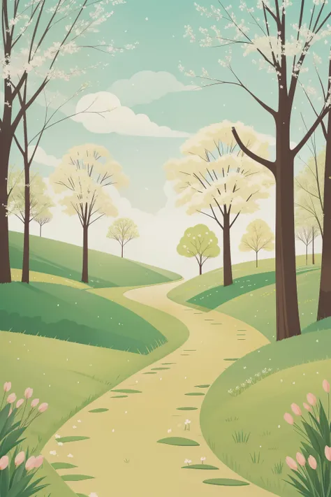 A minimalist digital illustration with a soft green background, resembling the lush hues of early spring in March. Sparse figures leisurely walk along a winding path through a tranquil park, surrounded by budding trees and patches of vibrant flowers, captu...