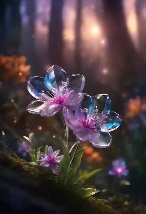 Crystal Spring Flowers, fantasy, galaxy, transparent, shiny, shiny的, outstanding, colorful, amazing photography, dramatic lighting, photorealism, super detailed, 4k, depth of field, high resolution