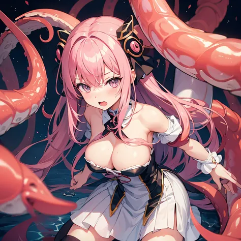 Anime girl is getting strangled by many tentacles. , blushing , suffocate