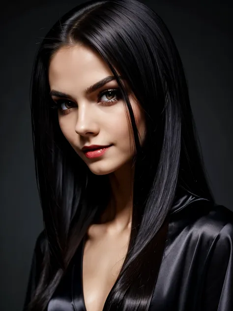 A young Vampire girl with large fangs, dark makeup, pale face, Vampire outfit fully covered, Vampire Robe and gorgeous dress, intense aggressive facial look, young cute gorgeous slim tiny girl, long  hair, Mix of Swedish and Venezuelan origins, athletic we...