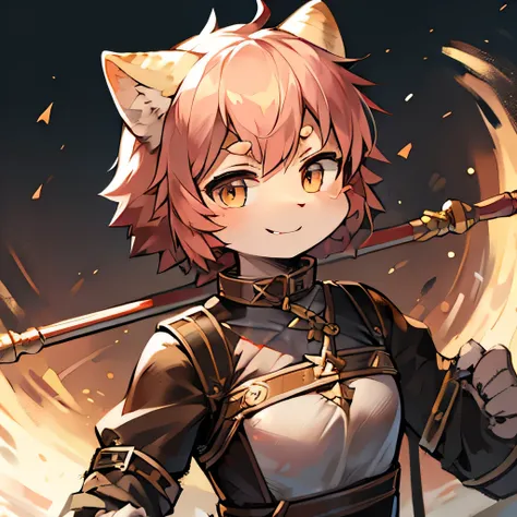 kemono, cat girl, fighter, gladiator, battle staff, adventurer, tomboyish, smiling