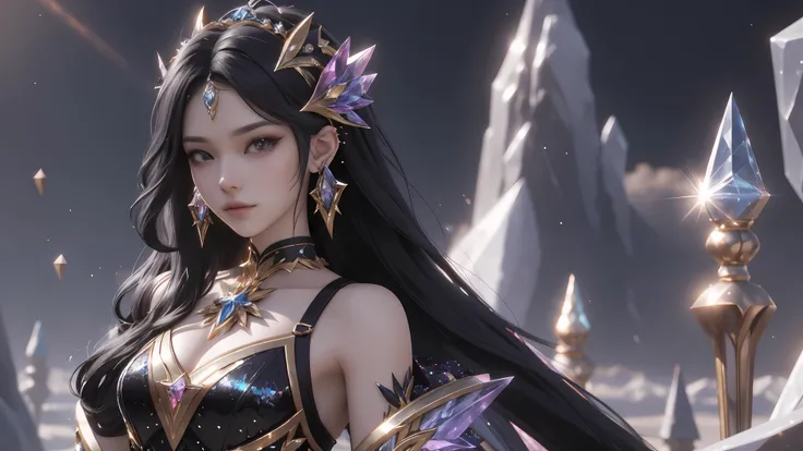 （《piece》Boyahan Cook，穿着彩色亮piece连衣裙的女人,black long straight hair，princess cut hairstyle，（Facial expression is perfect，Exquisite facial features），Crystal twinkle，Refracted rays， fantasy art style, 8k high quality detailed art, digital fantasy art ), 3D render...