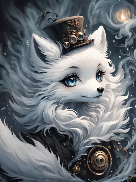 （best quality，masterpiece：1.2，detailed details），（Cute arctic fox,big eyes， fluffy hair），（dark Gothic，steampunk gothic victorian style）, dark, engulfed in smoke
