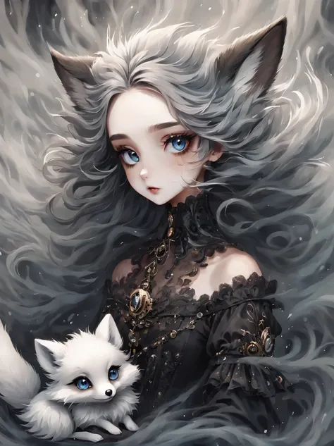 （best quality，masterpiece：1.2，detailed details），（cute arctic fox,big eyes， fluffy hair），（dark gothic，steampunk gothic victorian ...