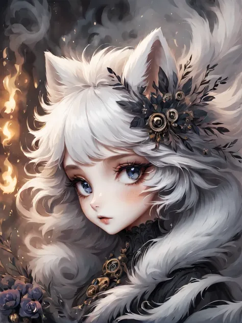 （best quality，masterpiece：1.2，detailed details），（Cute arctic fox,big eyes， fluffy hair），（dark Gothic，steampunk gothic victorian style）, dark, engulfed in smoke
