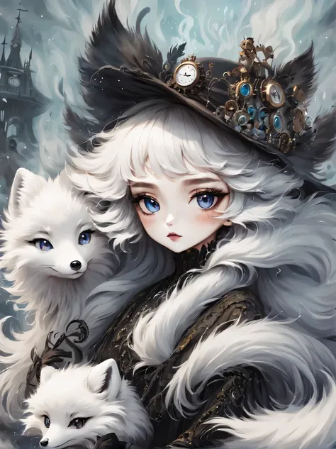 （best quality，masterpiece：1.2，detailed details），(arctic fox:1.2)，（可爱的小arctic fox,big eyes， fluffy hair），（dark gothic，steampunk g...