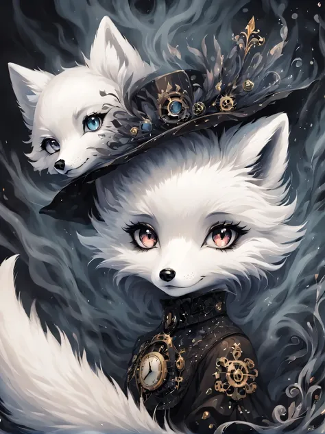 （best quality，masterpiece：1.2，detailed details），（1 cute arctic fox,big eyes， fluffy hair），（dark Gothic，steampunk gothic victorian style）, dark, engulfed in smoke
