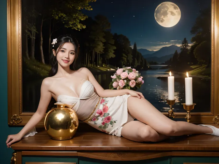 Jacques-Louis David painting style,Arguments of two female Philosophe,math、astronomical machine、astronaut、roses in vase、fruits、Cute trinkets、smile、ancient greek costume、Background is a forest lake at night 、Clothes that stretch your shoulders、A big smile、b...