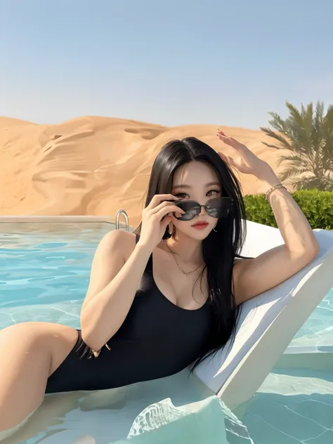 woman in a black swimsuit sitting on a white lounger in a pool, dilraba dilmurat, wears a bathing suit, al lado de una piscina, black swimsuit, gema chen, wenfei ye, sentado en la piscina, jisoo de blackpink, con gafas de sol, chen xintong, Jennie rosa neg...