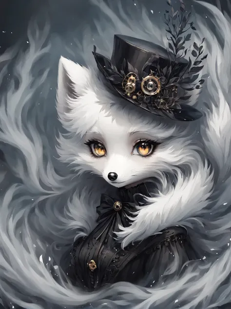 （best quality，masterpiece：1.2，detailed details），（1 cute arctic fox,big eyes， fluffy hair），（dark gothic，steampunk gothic victoria...