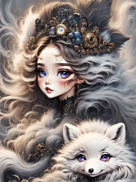 （best quality，masterpiece：1.2，detailed details），(arctic fox:1.2)，（可爱的小arctic fox,big eyes， fluffy hair），（dark gothic，steampunk g...