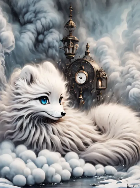 （best quality，masterpiece：1.2，detailed details），(arctic fox:1.2)，（可爱的小arctic fox,big eyes， fluffy hair），（dark Gothic，steampunk gothic victorian style）, dark, engulfed in smoke
