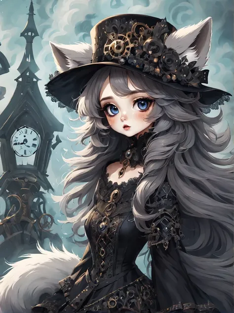 （best quality，masterpiece：1.2，detailed details），（1 cute arctic fox,big eyes， fluffy hair），（dark Gothic，steampunk gothic victorian style）, dark, engulfed in smoke
