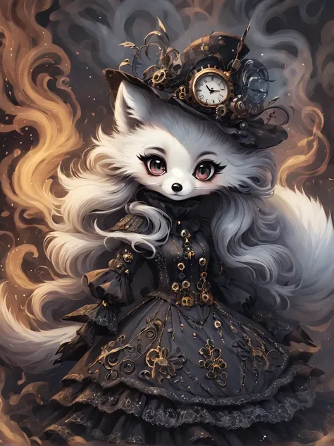 （best quality，masterpiece：1.2，detailed details），（1 cute arctic fox,big eyes， fluffy hair），（dark Gothic，steampunk gothic victorian style）, dark, engulfed in smoke
